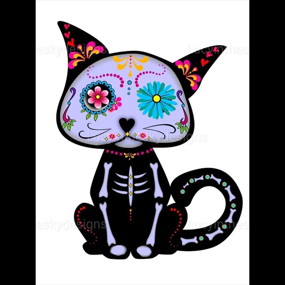Purple Cat Sugar Skull Naughty Kitty Cat Art Print 8.5x11 - Picture 2 of 5